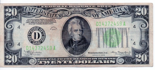 1934 20 Dollar Federal Reserve Note: Federal Reserve Bank Of Cleveland Ohio