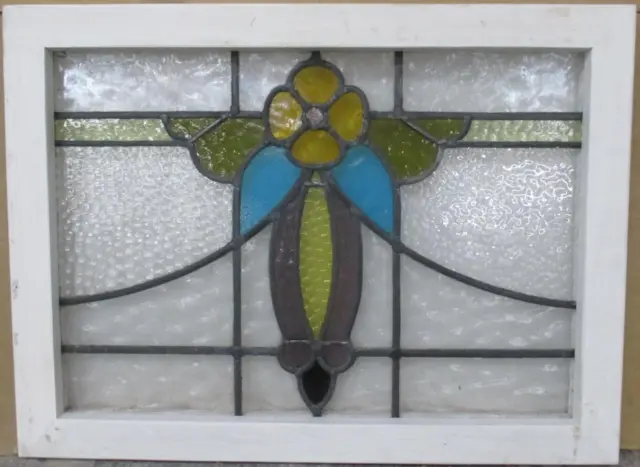 OLD ENGLISH LEADED STAINED GLASS WINDOW Pretty Floral 21.75" x 16.25"