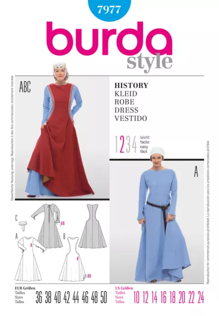 BURDA 7977 MEDIEVAL HISTORY DRESS COSTUME Sewing Pattern Sizes 10-24 Skill: EASY