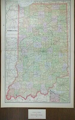 Vintage 1901 INDIANA Map 14"x22" Old Antique Original EVANSVILLE CARMEL GARY IN 2