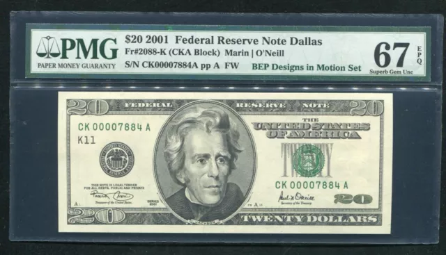 Fr. 2088-K 2001 $20 Frn Dallas, Tx “Bep Designs In Motion Set” Pmg Gem Unc-67Epq