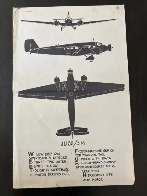 Vintage 1943 WWII US Navy German JU52/3M Junkers Aircraft Recognition Poster