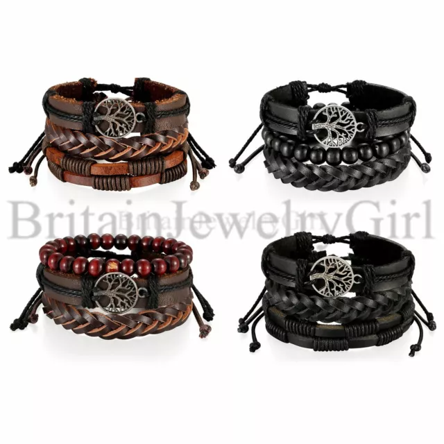 3-12PCS Men Women Tree of Life Braided Beaded Leather Ethnic Tribal Bracelets