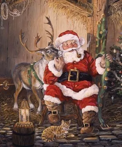 Natale Memories Babbo Natale, Gatto E Renna Pannello 100% Cotone Stampa Tessuto