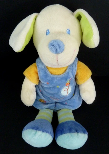 D8. DOUDOU PELUCHE MOTS D'ENFANTS CHIEN BLEU VERT JAUNE OISEAU MAISON 25cm - TBE