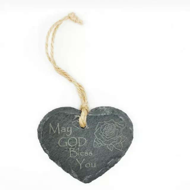 May God Bless you slate heart hanging lasered Christian gift with rose design
