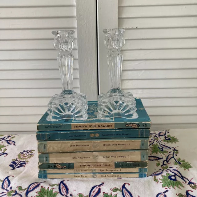 Pair Art Deco Vintage Clear Glass Candle Sticks Holder Depression Era Pressed