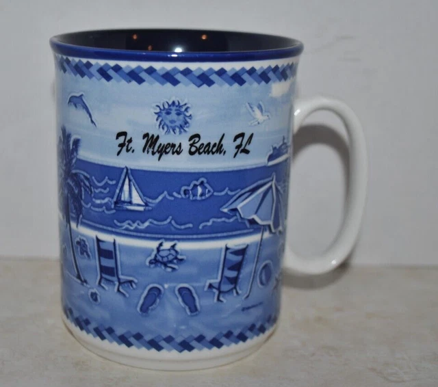 VTG MY CAFE Beach Scene Coffee Mug  Ft Myers Beach, FL Cobalt  Fine Porcelain