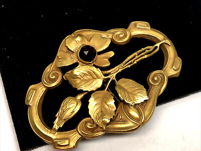 Art Nouveau Victorian Sash Brooch gold filled Brass faceted garnet stone 3