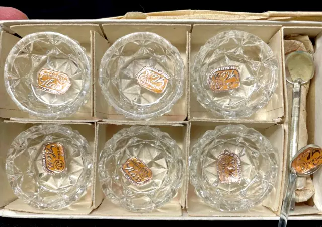 VTG 1960s Bohemia Czechoslovakia GLASS Open Salt Cellars Spoons Boxed Starburst