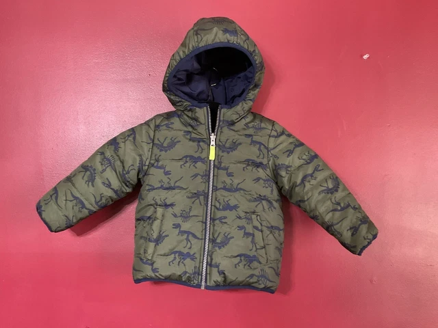 Carters Boys Reversible Green Dinosaur / Solid Blue Puffer Jacket/Coat SZ 3T NWO