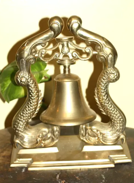 Vintage LARGE 12+” solid BRASS Dragon Fish ship desk mantle Bell Asian style