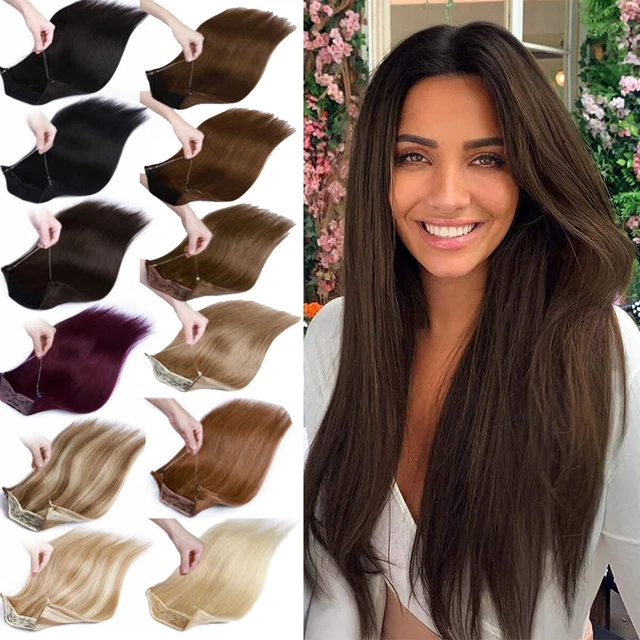 100% Real One Piece Invisible Wire in on Human Hair Extensions Hidden Hairpiece