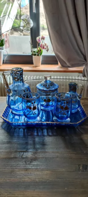 Baccarat Ou Saint Louis Ancien Service De Nuit En Cristal Bleu Et Doré G8