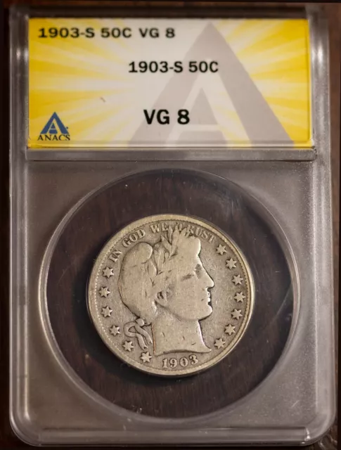 1903-S 50c Silver Barber Half-dollar VG 8 New ANACS # 7472013 + Bonus