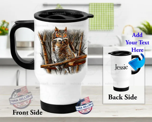 Stainless Steel Tumbler 14oz Travel Mug Customized With Name Owl Perched Design