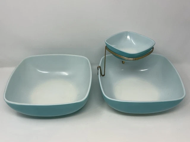 Vintage MCM Turquoise Pyrex 025/410 Square Chip & Dip Set Excellent w EXTRA BOWL