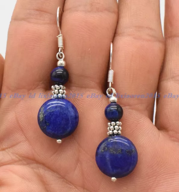 Fashion Blue 14mm Coin 6mm Round Lapis Lazuli 925 Silver Hook Dangle Earrings AA