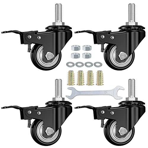 1.5 Inch Stem Casters DICASAL Double Brakes Black PU Imperial Inch Screw Thre...