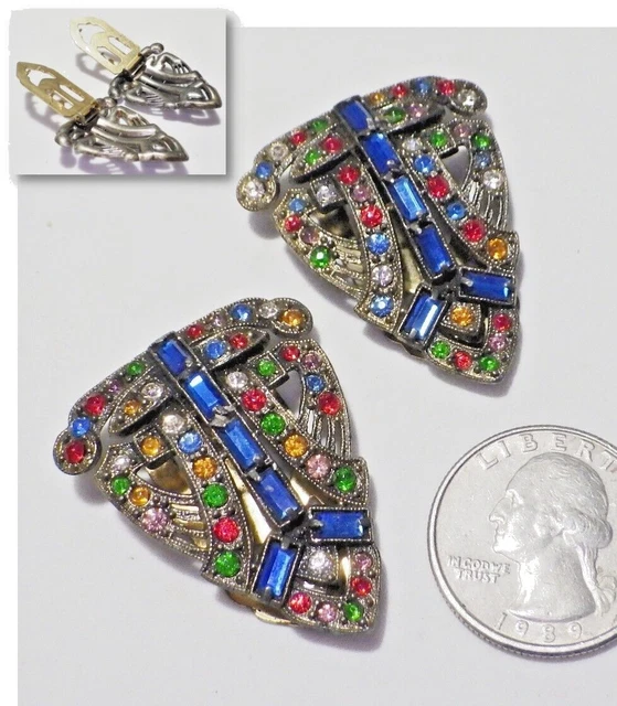 Exquisite Vtg Art Deco Pair (2) MultiColor Baguette/Round Rhinestone Dress Clips