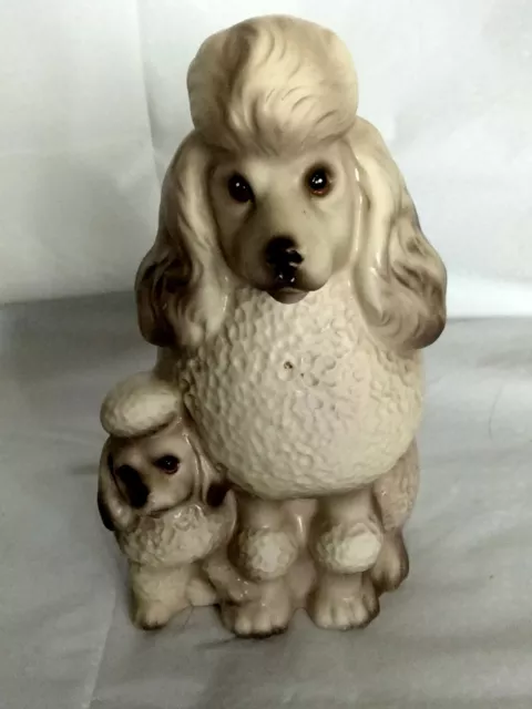 Cream White French Poodle Dog Vintage Flower Pot Figurine And Puppy Child