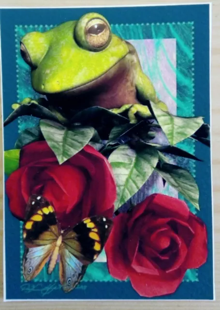 © ART - Ltd.Ed. Green Tree Frog and red roses - ACEO collector card by Di