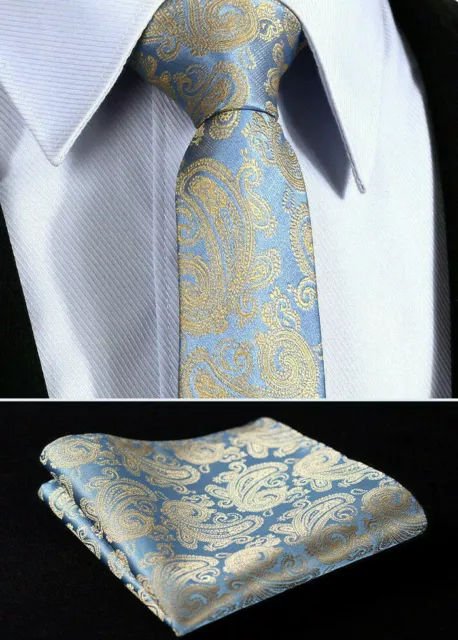 Blumenmuster Paisley blass himmelblau goldbraune Krawatte Hochzeit Seide Tasche Taschentuch Taschentuch Set