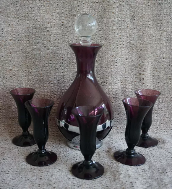 Farber Bros. / Krome-Kraft AMETHYST Glass DECANTER and CORDIAL Glasses (5)