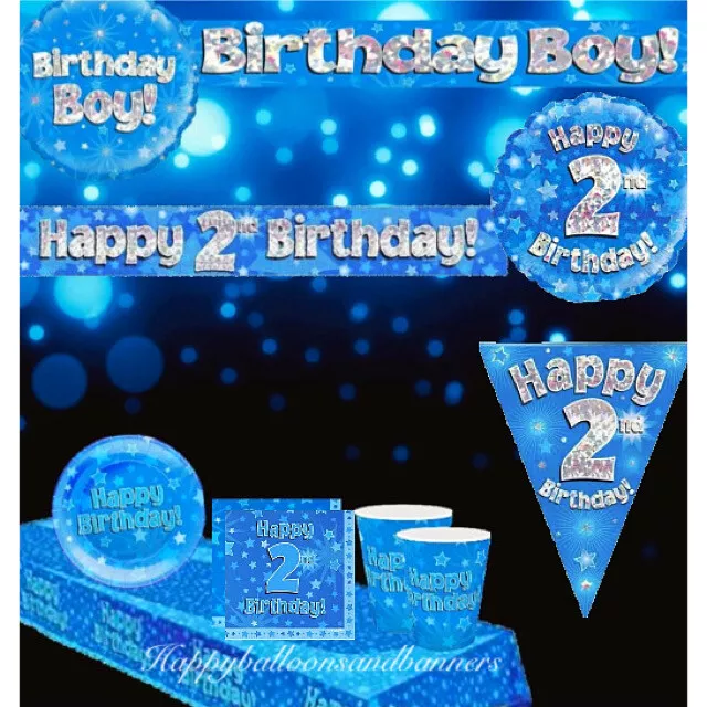 Blue silver themed 2nd birthday party balloons bunting banners table decorations