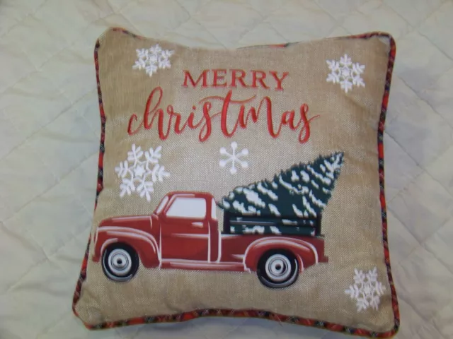 Merry Christmas Throw Pillow - 16 x 16 - Vintage Red Truck with Tree