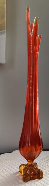 VIKING MCM Amberina Tangerine Swung Vase Square Pedestal Footed 18” Tall Glows