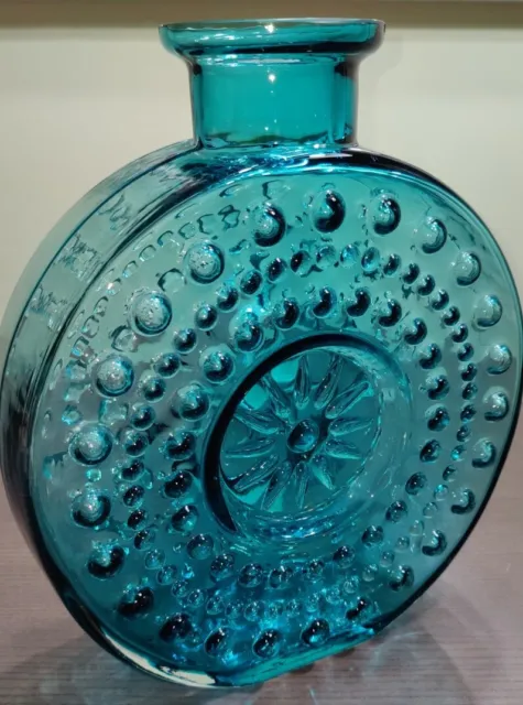 Sunburst Art Glass Vase Teal Blue Erich Jachmann Blown In Mold Germany MCM Heavy