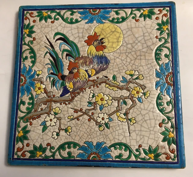 Jules Viellard ROOSTER in flowering apple tree Art Nouveau Tile Jugendstil Tegel