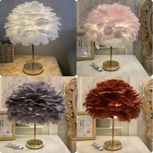 Feather Shade Table Lamp USB LED Dimmable Desk Night Light Bedside Room Decor