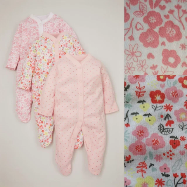 Baby Girls 3 Pack Pink Floral Sleepsuits Babygrows Nutmeg 3-6 Months NEW