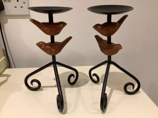 Pair Black Metal Pillar Candlesticks with Wooden Birds