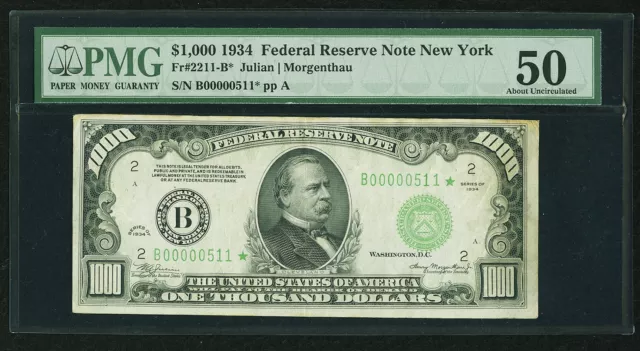 Fr 2211-B* 1934 $1000 One Thousand *Star* Federal Reserve Note Pmg Au-50 Rare