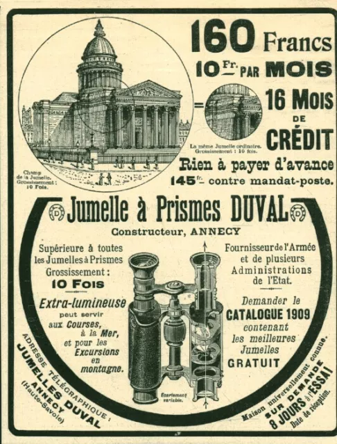 Publicité ancienne jumelle à prismes Duval 1909 issue de magazine