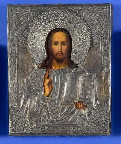 Alte Original Ikone 84 Silber Oklad Jesus Christus um 1869