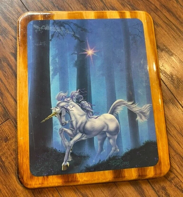 Vtg 1985 Sue Dawe Unicorn picture hanging lacquer wood retro 80's