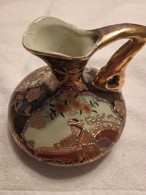 Antique Japanese Meiji Shimatzu Cobalt Blue Satsuma Pitcher Gold Gilt, Signed