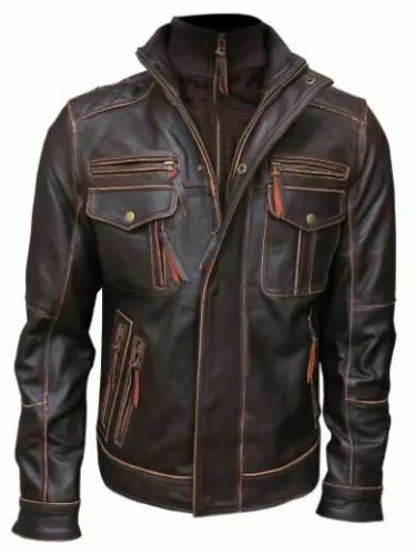 Mens Vintage Cafe Racer Motorcycle Biker Jacket Distressed Brown Real Leather