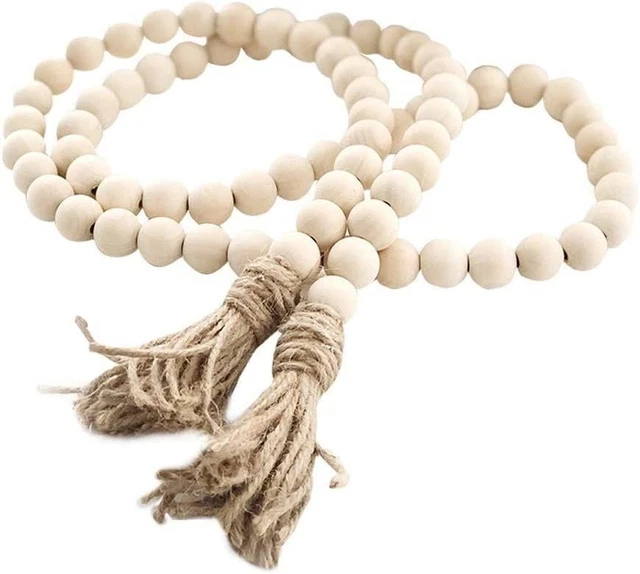 Farmhouse Beads 58in Wood Bead Garland with Tassels Rustic Country Natural