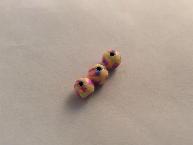 3 x yellow & multi colour app 8mm handmade polymer clay beads,hole app 2mm.