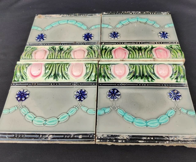 Vintage Garland Design Embossed Nouveau Architecture Furniture Tiles Japan 4Pcs 2