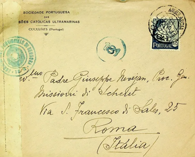 SEPHIL PORTUGAL 1943 WWII 1.75e ON CENSORED COVER FROM VOUGA TO ROME ITALY