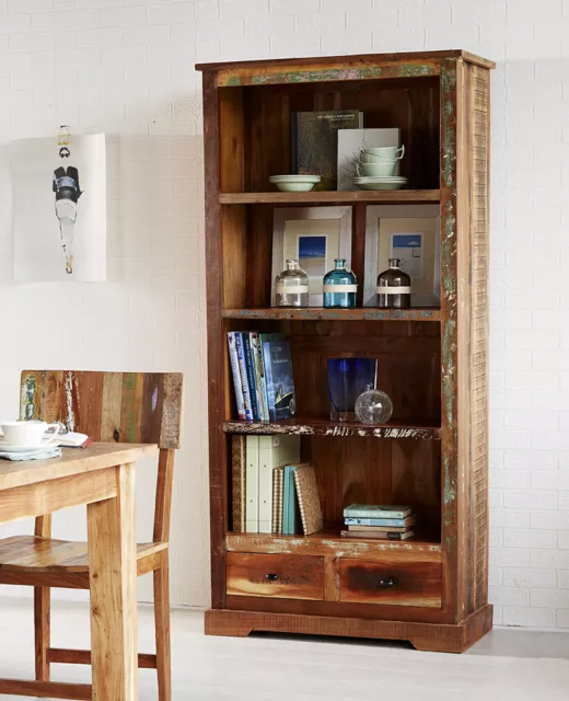 Reclaimed Boat Large Bookcase With 2 Drawers And 4 Shelves Living Room Furniture