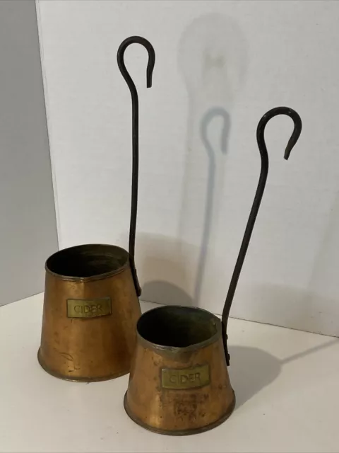 VINTAGE Copper and Brass Cider Measuring Jugs Cups Wrought Iron Handles Qty 2