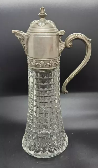 Vintage Italian Clear Glass Claret wine Carafe Decanter Jug 11" Tall Pewter? lid