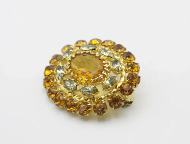 Vintage Pin Round Brooch Yellow, Amber - Brown Rhinestones Czech